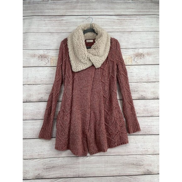Anthropologie Sleeping on Snow Sherpa Cowl Neck Cardigan Sweater Women's XS Pink - Picture 1 of 11